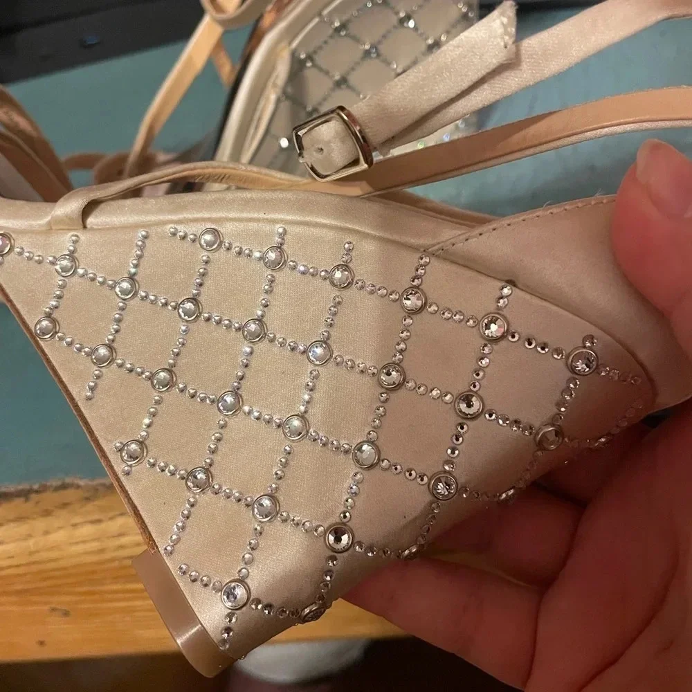 BADGLEY MISCHKA JEWELED SATIN WEDGES